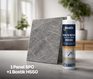 COMBO 1 PANEL SPC MARMOL PISOPAK 1.22X2.44 GRIS ARGENTUM BILLANTE 3.0MM + PEGAMENTO BOSTIK H550 X 290ML