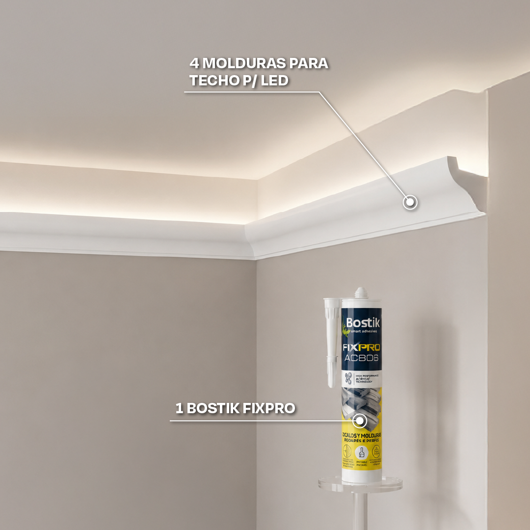 PROMOCIÓN: 4 MOLDURAS PISOPAK PARA TECHO P/LED 38MM X 60MM X 2.9ML - BLANCO + 1 PEGAMENTO BOSTIK FIXPRO X 310ML