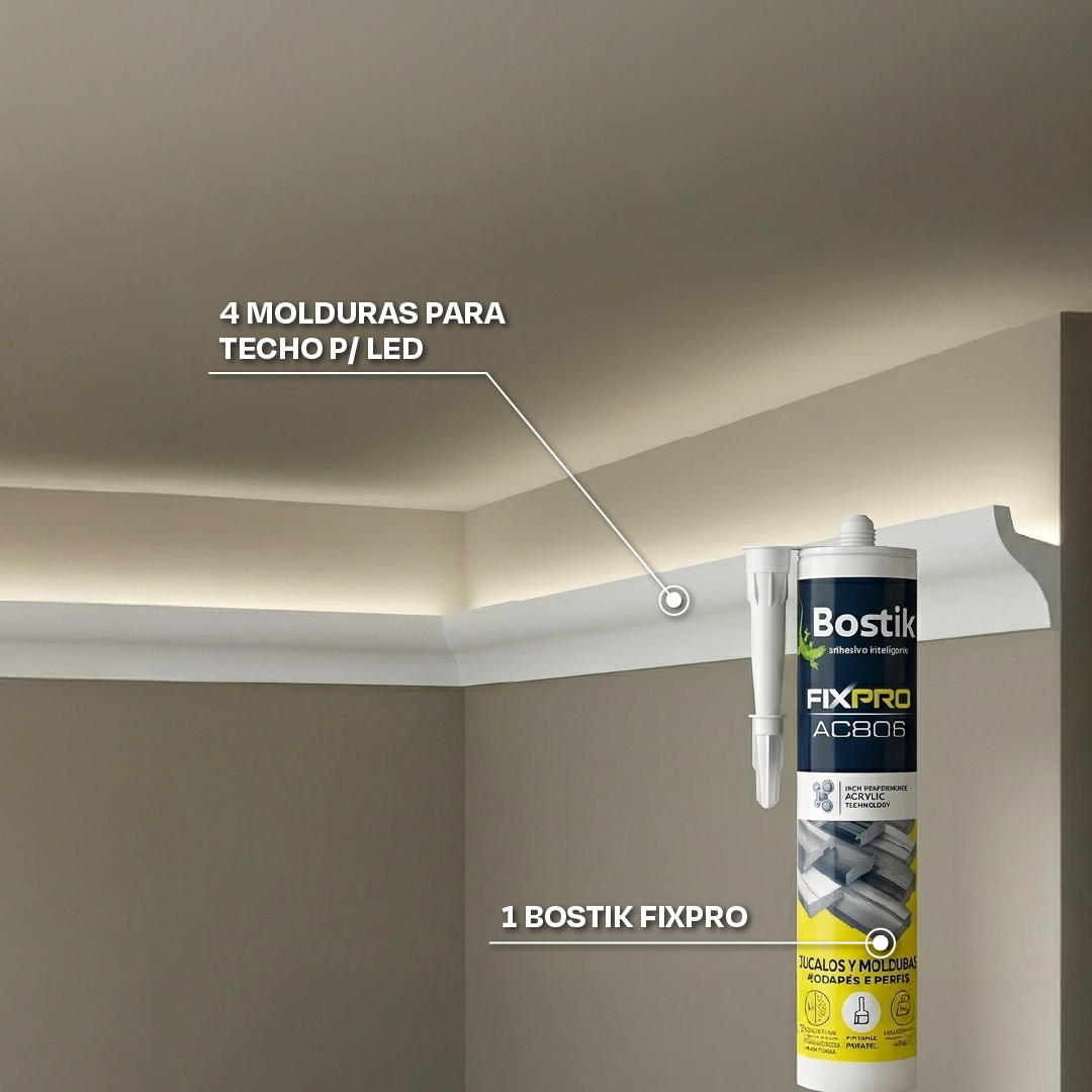 PROMOCIÓN: 4 MOLDURAS PISOPAK PARA TECHO P/LED 38MM X 60MM X 2.9ML - BLANCO + 1 PEGAMENTO BOSTIK FIXPRO X 310ML